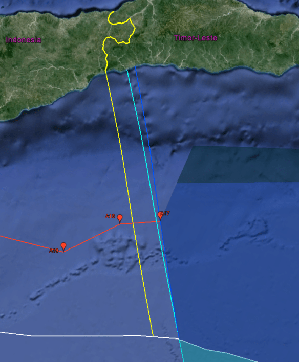 Alternative western lateral boundary between Australia, Indonesia, and Timor-Leste (yellow)