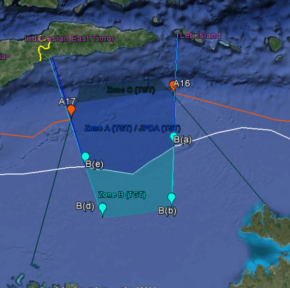 Lateral boundaries of Zone C, drawn from Melville Island through A16 to the Timor Trough (eastern), and from Long Reef through A17 to the Timor Trough (western)
