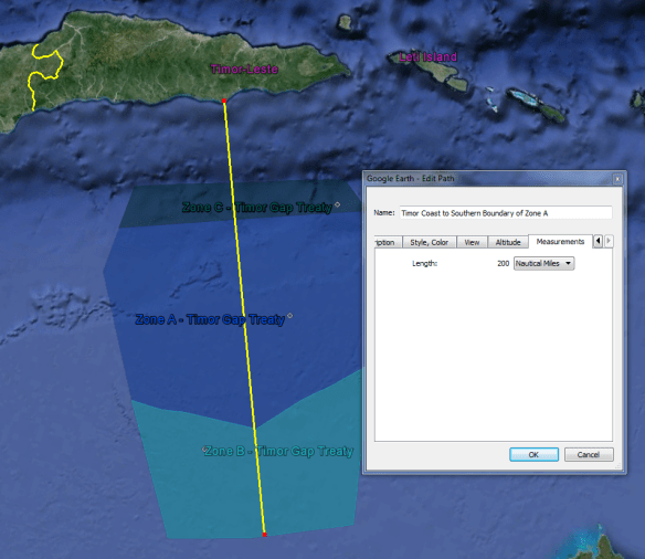 Southern boundary of the Zone (marked in yellow), drawn 200 nautical miles south of Timor's coast.