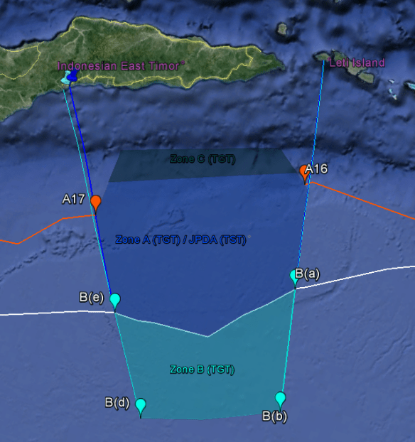 Eastern and Western lateral boundaries of Zone of Cooperation, extended to shore of Timor